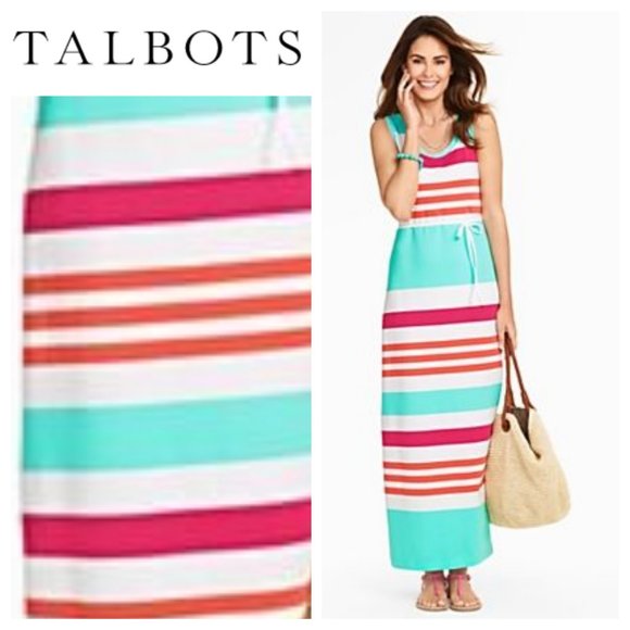 Talbots Small Mid Maxi Dress Belted Striped Teal White Pink Slvlss Summer Chic - Picture 1 of 6